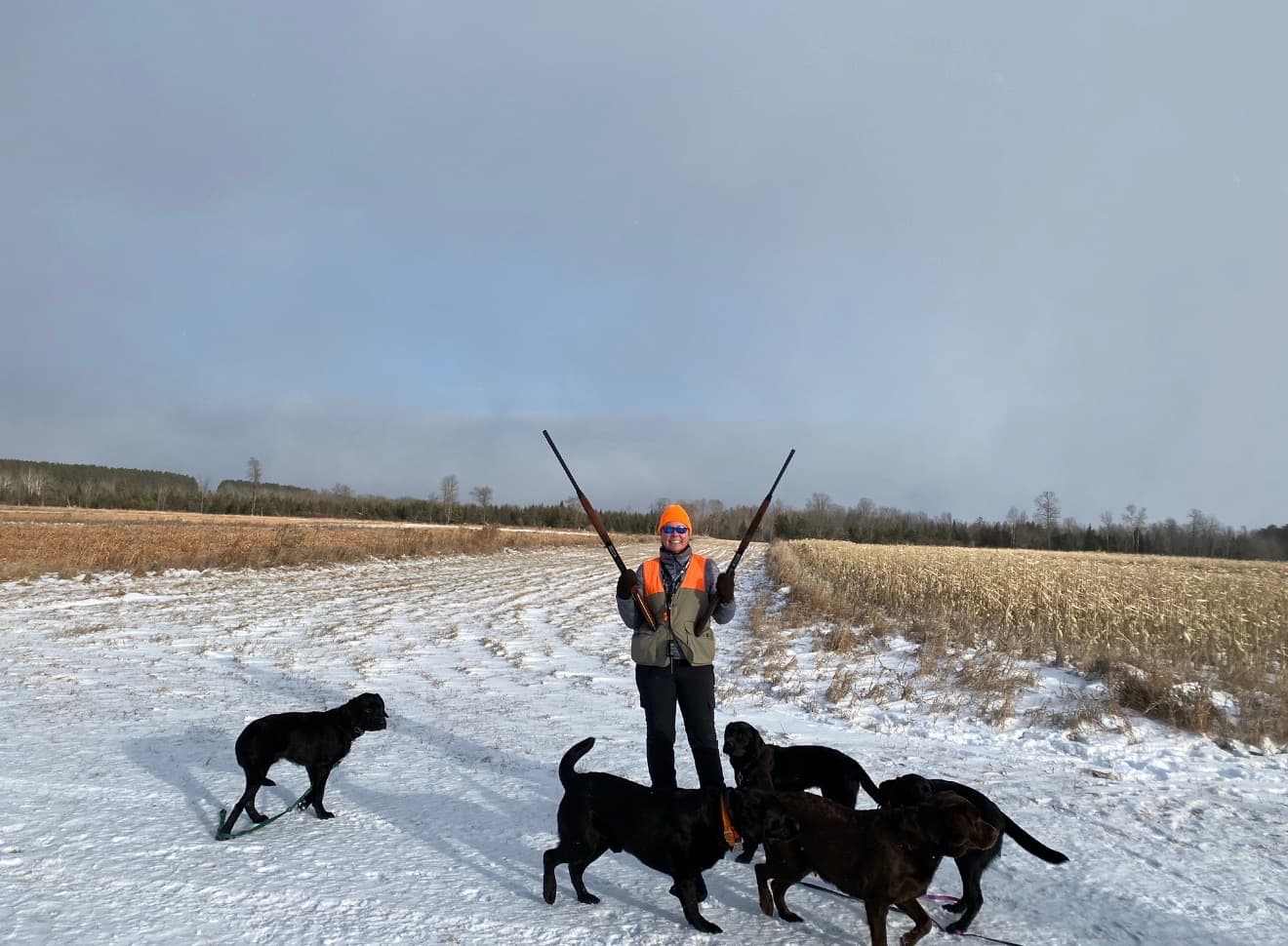 Hunter with four black labs in the snowy field