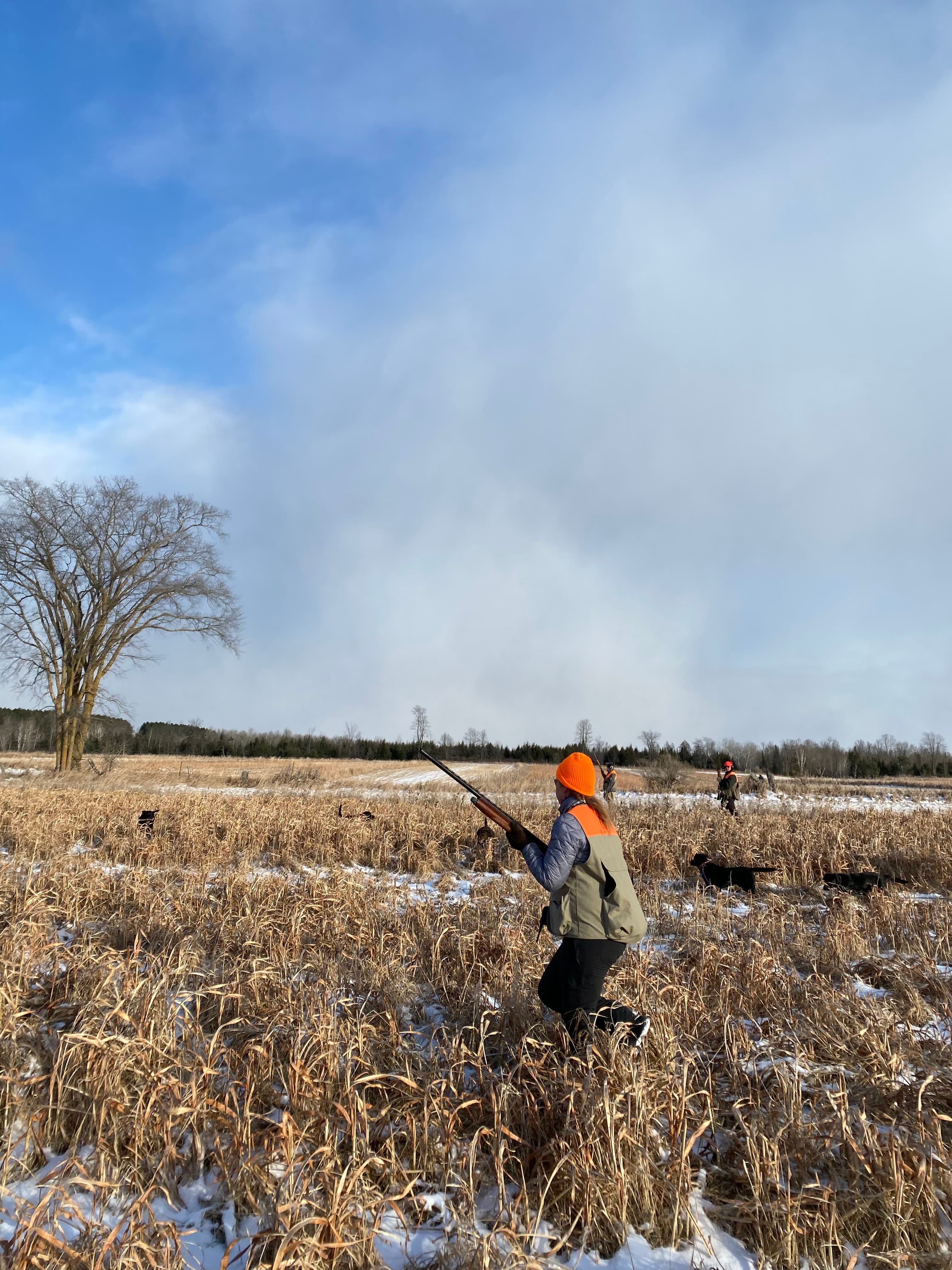 Hunter walking fields in winter